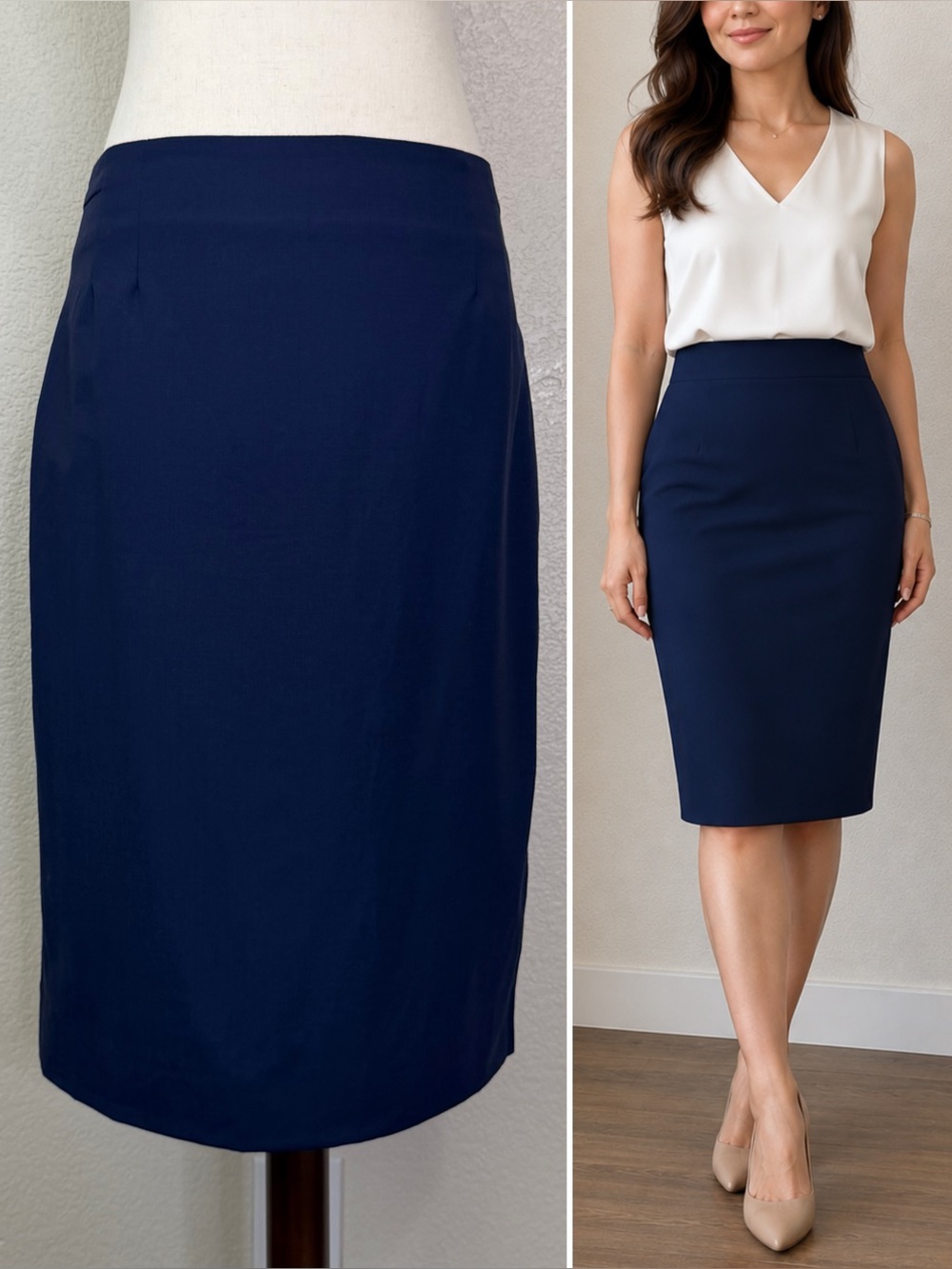 MM Lafleur Wool Blend Navy Blue Midi Pencil Skirt, Size 8